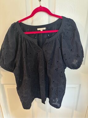 Navy Eyelet Button-Front Puff Sleeve Blouse